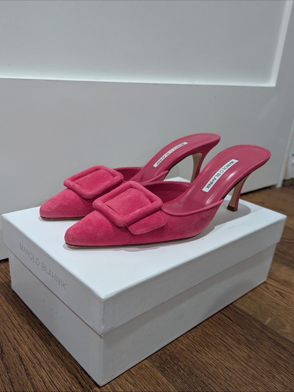 Manolo Blahnik Maysale Suede Buckle Mules 70mm  Size 39.5